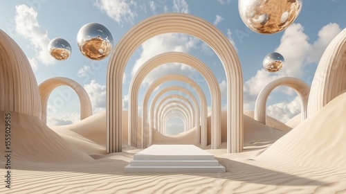 A beige desert landscape with arches and orbs