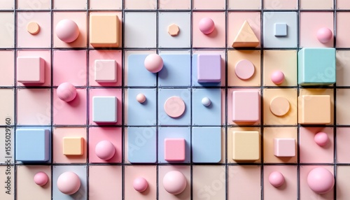 pastel geometric forms in grid layout with floating cubes and spheres, soft drop shadows on cream background, modern art feel