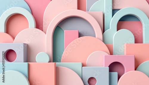 minimalist seamless background of pastel arches and blocks, simple geometric arrangement with smooth gradients and subtle grain