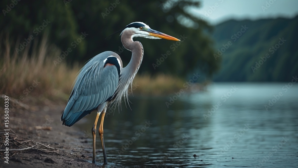 Fototapeta premium Heron standing by water on river bank in natural environment with trees and hills in background.