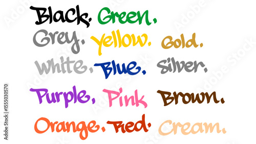 Vector graffiti tag artwork featuring various color words like black, white, red, and more. Handwritten in colorful style on a transparent background.