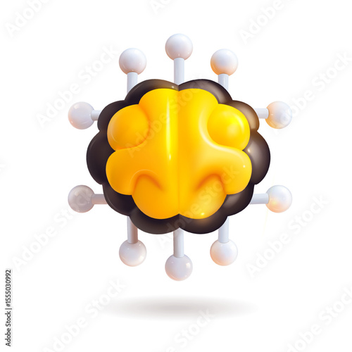 A vibrant 3D rendering of a yellow and black brain is artistically presented, surrounded by numerous floating white spheres that enhance the visual appeal