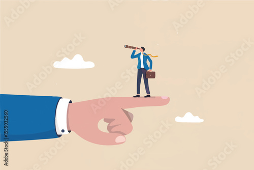 Businessman with spyglass on a giant finger pointing forward isolated on transparent background