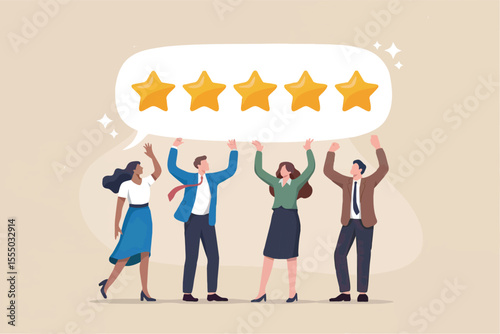 Flat cartoon vector illustration of people holding five stars isolated on transparent background