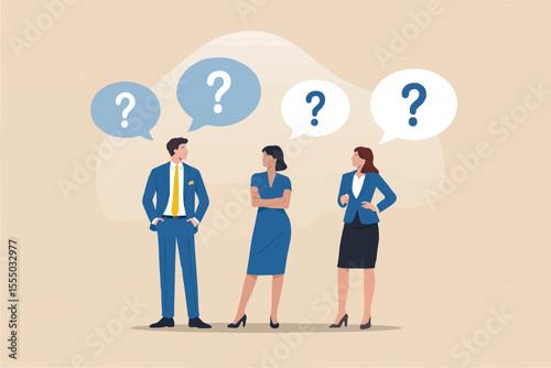 Three business people with question marks above their heads isolated on transparent background