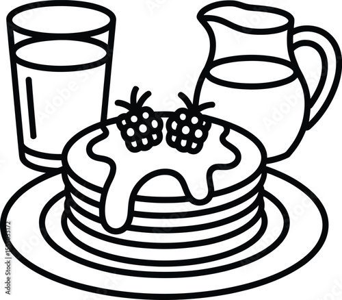 Black and white line art illustration of pancakes with berries and syrup accompanied by a glass of milk and a pitcher perfect for breakfast menus