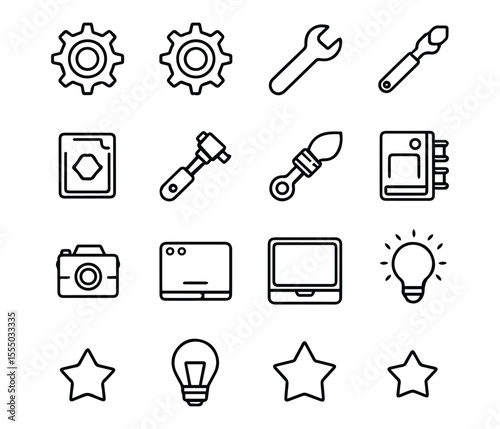 Technology and Maintenance Icon Set, Computer, Wrench, Tools on White Background.