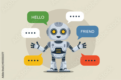 Friendly robot chatting with speech bubbles isolated on transparent background
