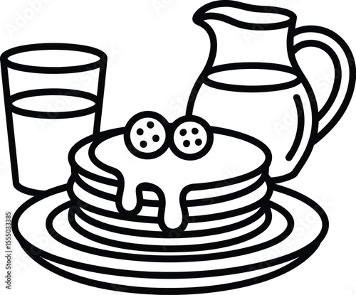 Black and white line art illustration of pancakes with berries and syrup accompanied by a glass of milk and a pitcher perfect for breakfast menus