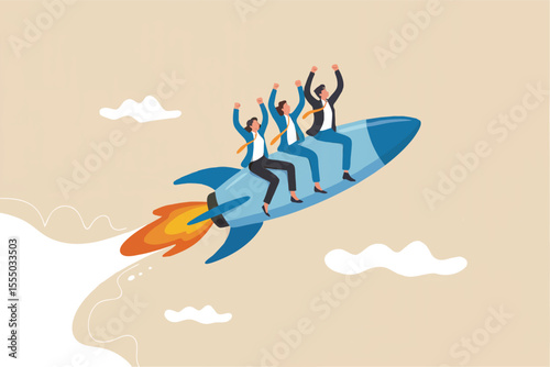 Flat cartoon vector illustration of three business people riding a rocket isolated on transparent background