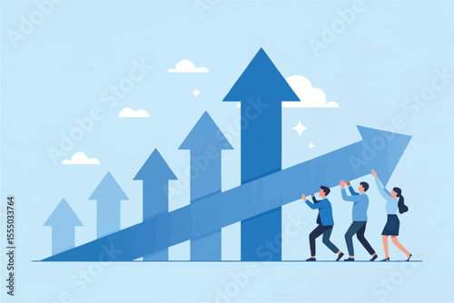Teamwork pushing a growth arrow up isolated on transparent background