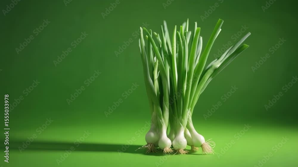 Bunch of spring onions on a solid green background