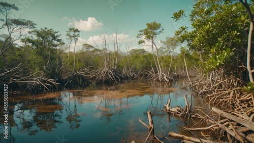 Mangrove swamp or estuarine area with dense roots and vegetation, reflecting on water surface, near a tropical forest.