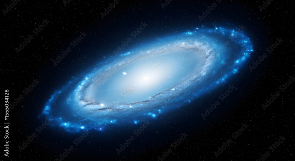 Naklejka premium A stunning illustration of a vibrant blue spiral galaxy with a brilliant luminous core and glowing star clusters rotating in the deep dark void of outer space