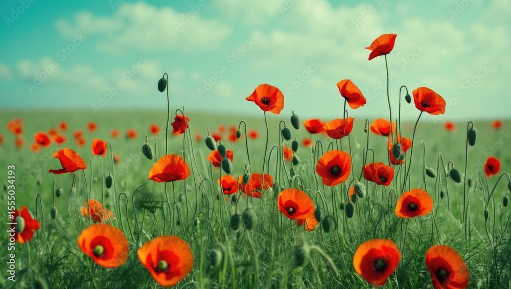 Fototapeta premium Bright red poppies blooming in a green field under a partly cloudy sky.