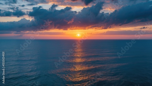 Sunset over the ocean with clouds and reflections, serene seascape, natural beauty, and tranquil atmosphere.
