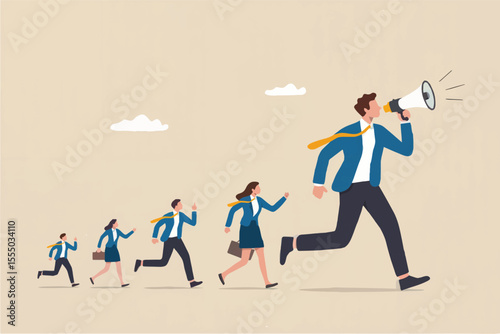 Flat cartoon vector illustration of a group of business people running with the leader holding a megaphone isolated on transparent background