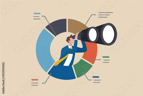 Man with binoculars looking at a pie chart isolated on transparent background