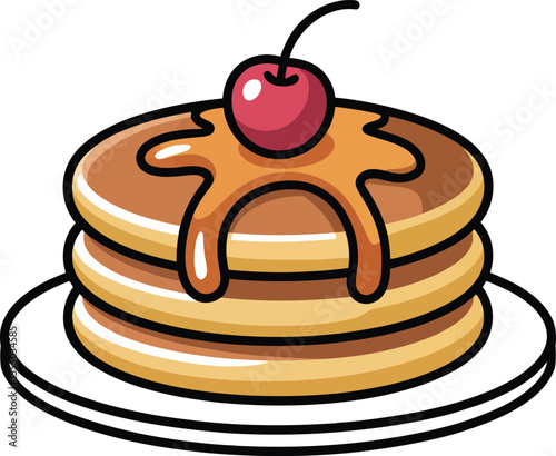 Stack of Delicious Pancakes with Maple Syrup and Cherry Topping Perfect for Breakfast or Brunch Isolated on White