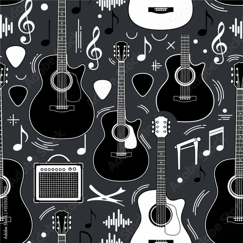 Monochrome seamless pattern captures the energy of music with bold illustrations of acoustic guitars, an amplifier, picks, and musical notations on a dark charcoal background. Vector Patterns