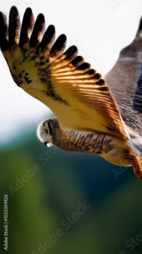 Majestic owl gliding through the air under a soft sunlight in a tranquil forest setting