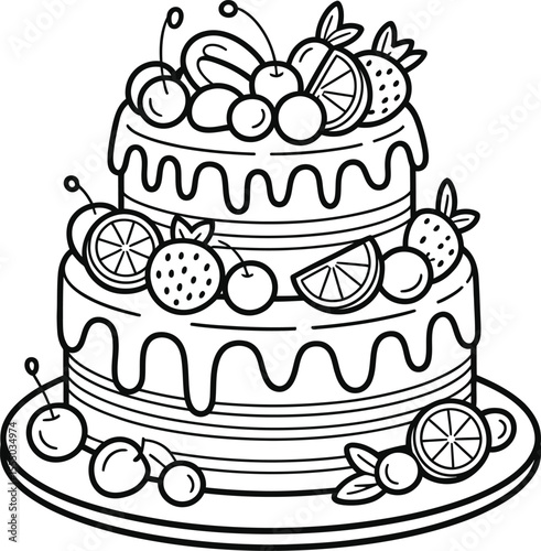 Two tiered cake with fruit toppings line art illustration for coloring book or page birthday cake party dessert