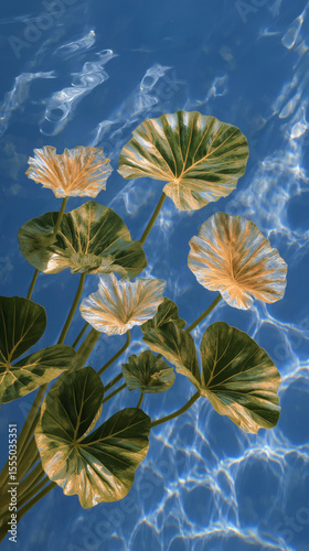 Aquatic Foliage: Captivating view of aquatic plants with vibrant, textured leaves gracefully emerging from the clear water, the image evokes a sense of serenity and natural artistry.