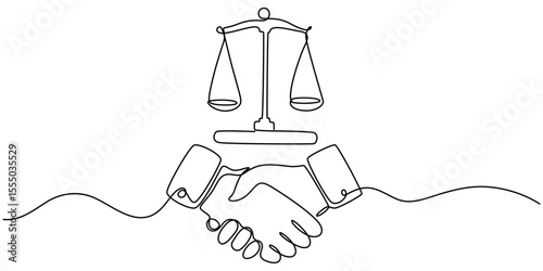 Continuous one single line drawing Client shakes hands with lawyer Legal services scales Advocate consultation Jurisprudence icon vector illustration, Client shakes hands with lawyer Legal services.
