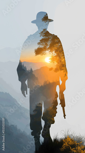 A Veteran's Sunrise: A solitary veteran stands silhouetted, overlaid against a vibrant sunrise painting, holding a weapon. It speaks to his resilience and enduring spirit.
