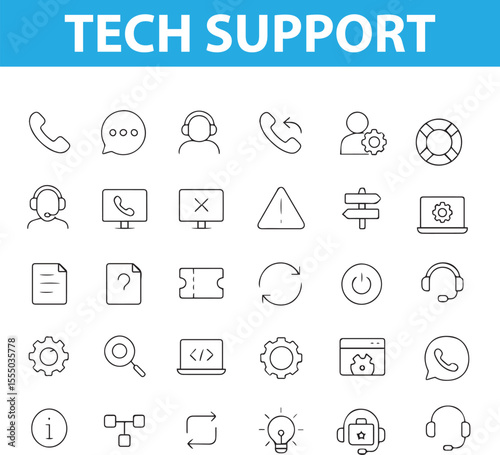 Tech Support Line Icons, Headset, Laptop, Customer Service, Tools, Troubleshooting, Chat, Gear, Network Issue, and More , Editable Formats: AI, EPS, JPG, PNG , Ideal for Both Digital and Print Use