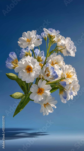 Floating Floral Fantasy: Delicate blooms, painted in pristine whites and subtle blues, appear to levitate against a flawless azure canvas, evoking a sense of ethereal beauty. 