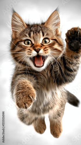 Playful Kitten: A cheerful tabby kitten with wide-open eyes and an open mouth leaps towards the camera, paws outstretched in a joyful, playful expression.