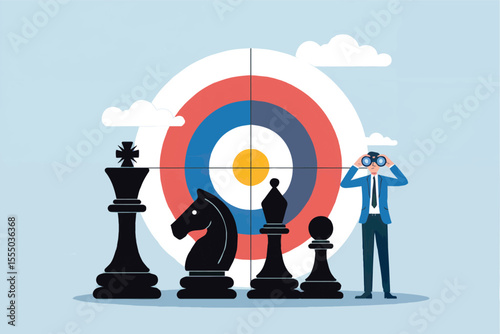 Flat cartoon vector illustration of a businessman looking through binoculars at chess pieces in front of a target isolated on transparent background