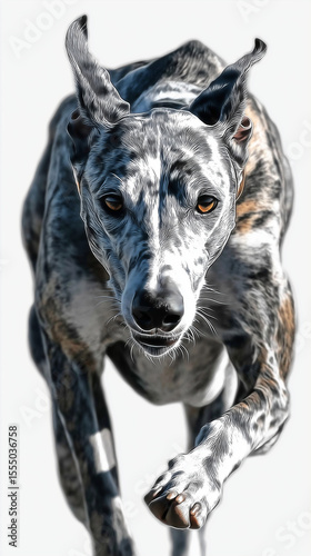 Greyhound in Motion: A dynamic image of a greyhound dog in full stride, showcasing its sleek musculature and powerful gait. The dog's intense focus and determination are palpable.