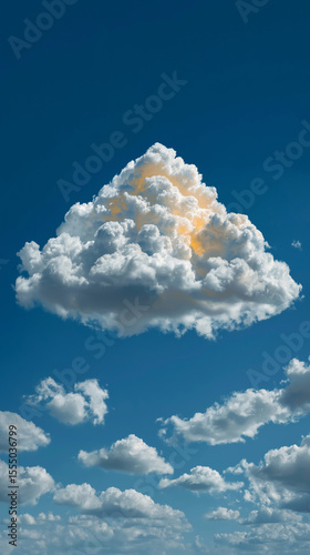 Clouds in Azure Sky: Puffy cumulus clouds float serenely in a clear blue sky, with cloudscape featuring the fluffy masses and golden light creating a sense of calm.