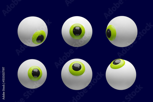 3d vector eyeball set. Three-dimensional collection illustration eye vision. Anatomy design concept. Optical iris, retina graphic icon. Halloween symbol of sphere. Science about health human vision
