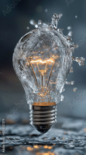 Water-Filled Light Bulb: A captivating image showcasing a light bulb seemingly filled with water, with water droplets splashing around it, creating a dynamic and intriguing visual.