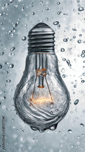 Innovative Concept: A single light bulb, a symbol of creativity and inspiration, stands out against a background of water droplets, evoking a sense of freshness and inventiveness.