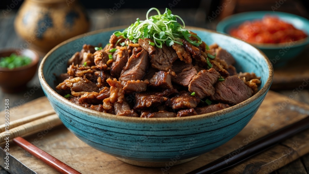 Cooked beef dish served in a blue bowl with green garnish, on a rustic wooden table with small side dishes in the background. Cooked beef dish served in a blue bowl with green garnish, on a rustic wooden table with small side dishes in the background.