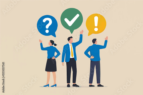 Three business people with thought bubbles containing a question mark checkmark and exclamation mark isolated on transparent background