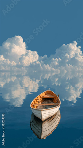 Serene Voyage: A tranquil boat rests upon calm waters beneath a vivid sky dotted with fluffy clouds, capturing a perfect moment of peace and reflection.