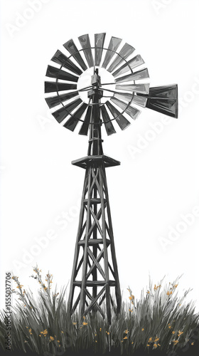 Vintage Windmill: A rustic windmill stands proudly, a symbol of rural heritage and sustainable energy. the windmill blades are designed for wind. The image has a vintage look.