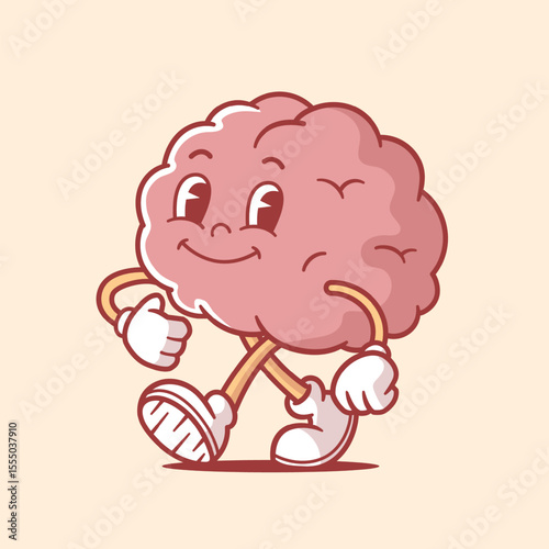 Vector illustration of a happy brain character retro vintage cartoon mascot