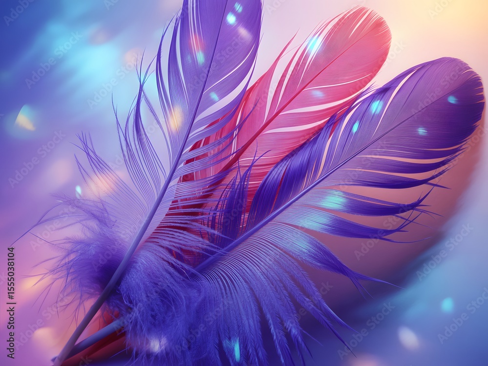 Obraz premium Artistic composition of colorful feathers in shades of purple and pink with bokeh effects