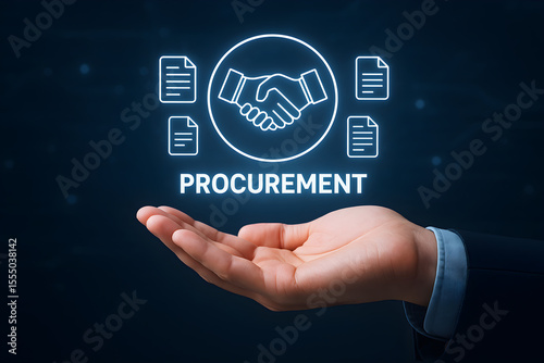 Businessman hand presenting digital hologram of procurement process with handshake icon, document symbols, and blue tech background. Modern corporate concept.