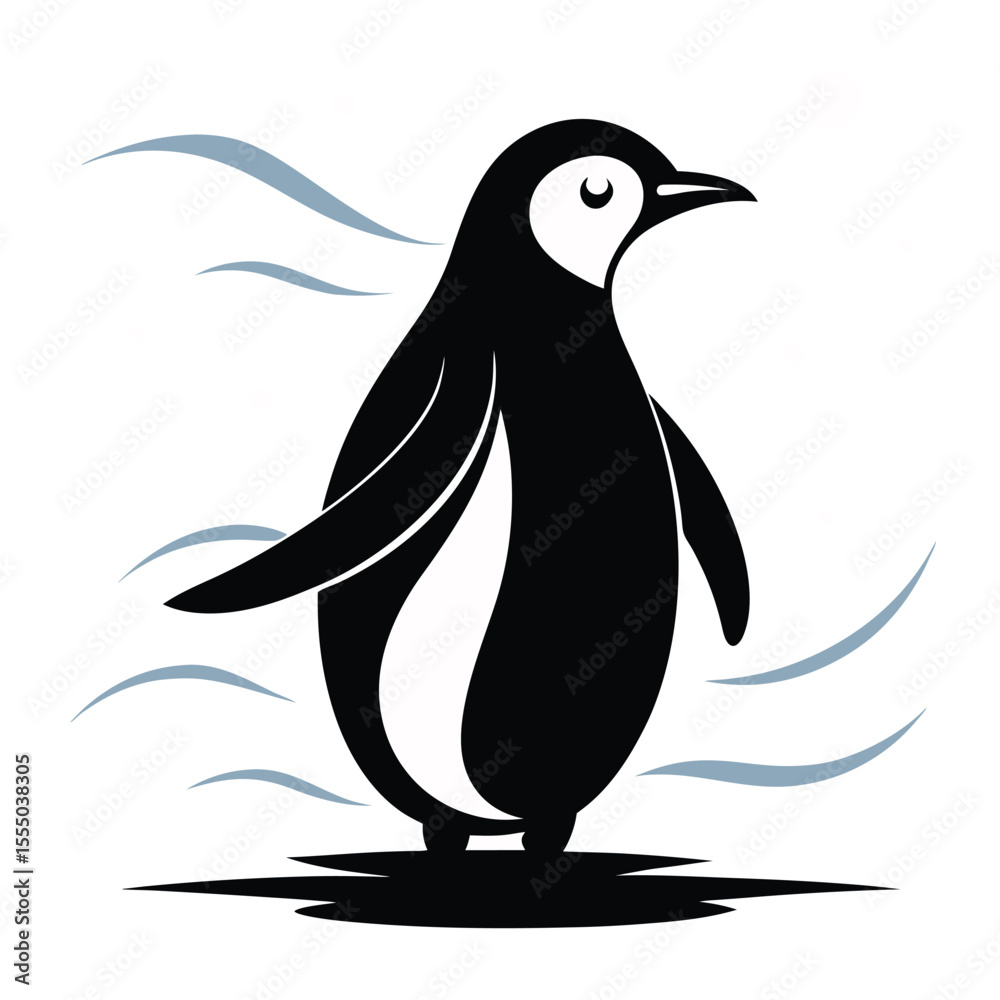 Fototapeta premium Black Penguin Silhouette Windy Day Minimalist Arctic Animal Graphic Design white