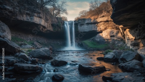 A waterfall cascading into a river surrounded by rocks and cliffs during daylight. Nature, landscape, scenic view. The concept of natural beauty and tranquility.
