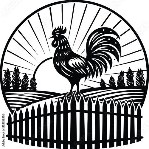 Black Rooster Silhouette Farm Sunrise Fence Rural Scene Graphic cock chicken