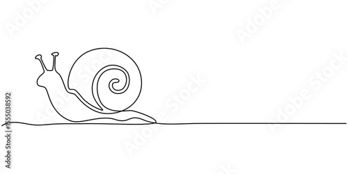 Snail continuous one line drawing isolated on white background best use for logo banner minimalism, Elegant Continuous Line Drawing of a Snail Shell Gastropods Mollusk Illustration, One single line