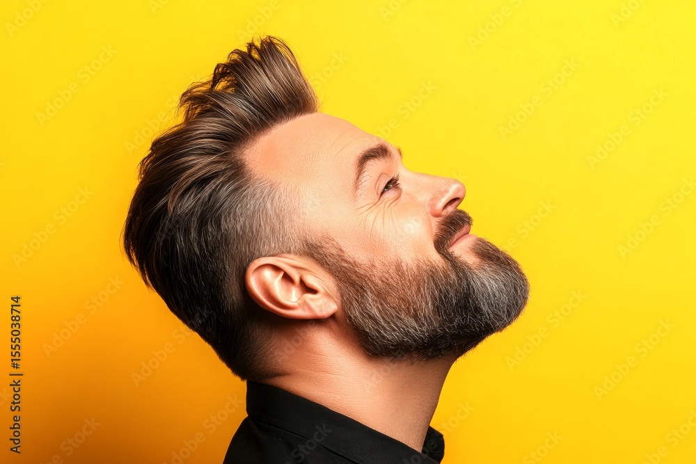 Fototapeta premium Yellow solid background. A trendy and poised male showing charm. Chic men's low fade haircut - midlife white man with hair. A happy man in a studio photo. Creative of style for aging men.